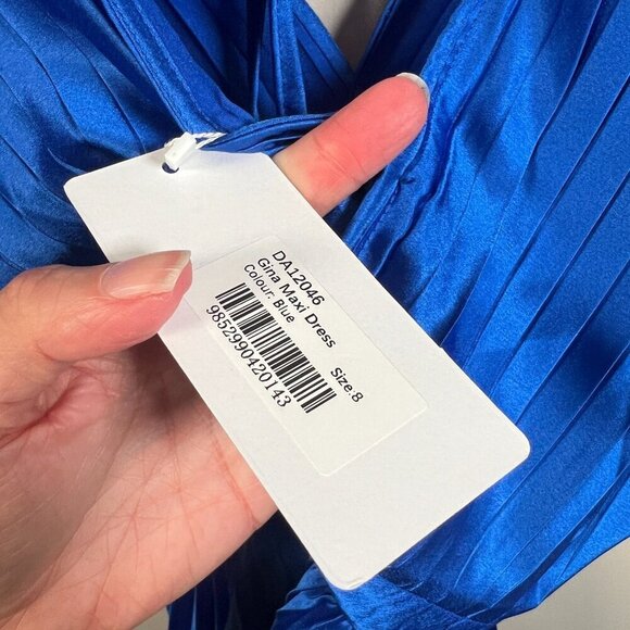 Billy J Gina Maxi Dress Size 8 US 4 Blue Satin Pleated Event Formal Wedding - Picture 6 of 13